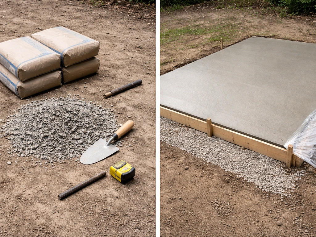 Split view of concrete patio materials vs a finished installed patio with base, forms, and curing.
