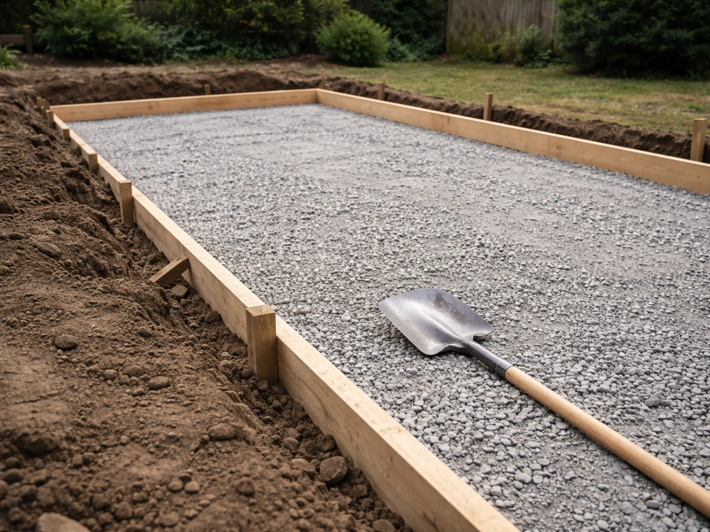 Excavation edge with compacted gravel base and wooden forms for a residential patio foundation.