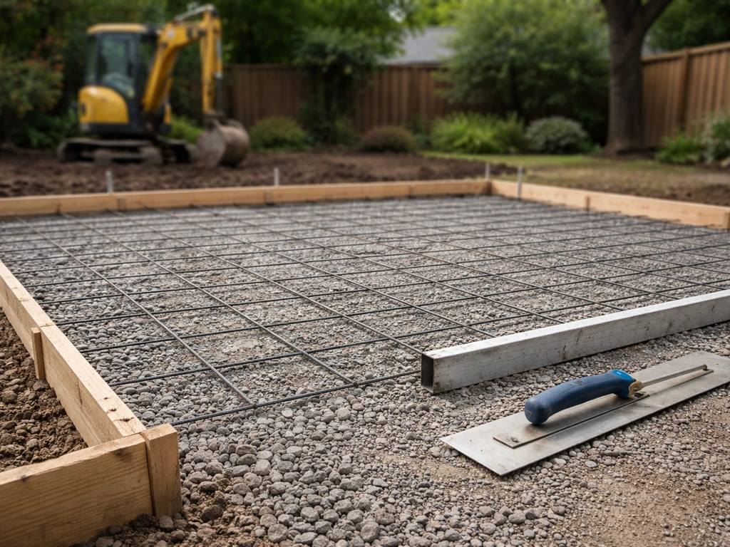 Construction crew tools on a freshly prepped concrete patio base with forms and reinforcement mesh