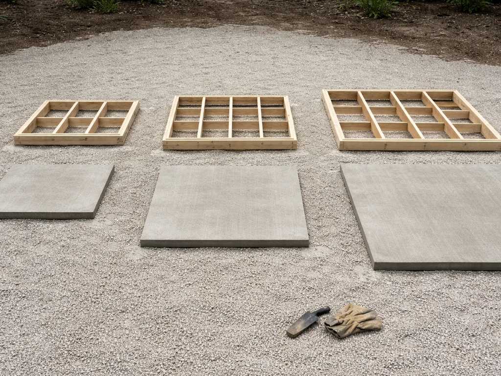 Minimal photo of concrete patio slabs and framed deck sections sized for small, medium, and large builds.