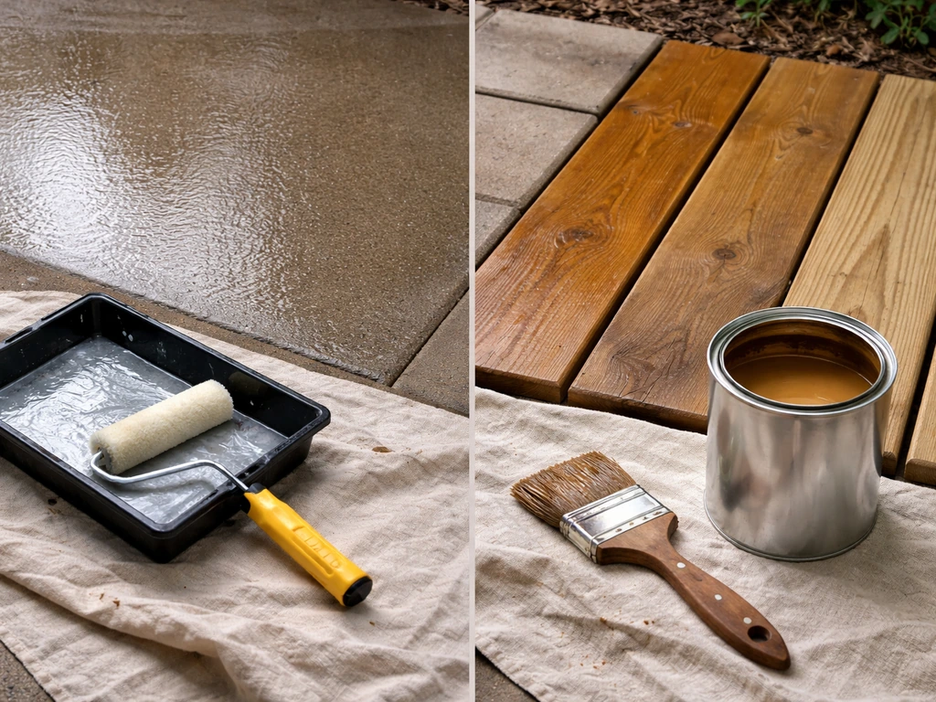 Close-up of concrete sealant tools and stained pressure-treated wood boards side by side on a patio.
