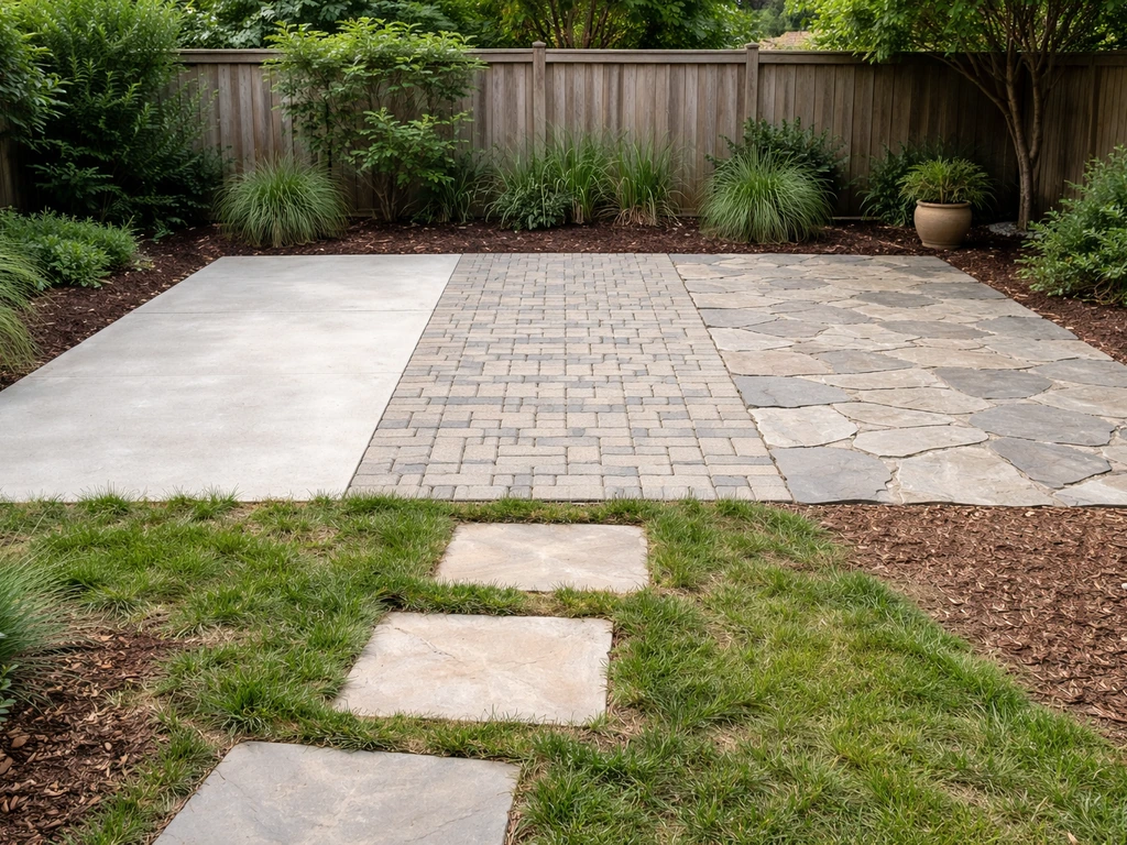 Small backyard patio with three distinct surface finishes—concrete, pavers, and stone-like—shown in one minimal scene