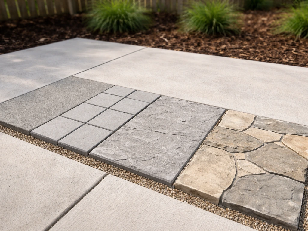 Close-up of four small patio material samples—broom concrete, pavers, stamped concrete, and natural stone.