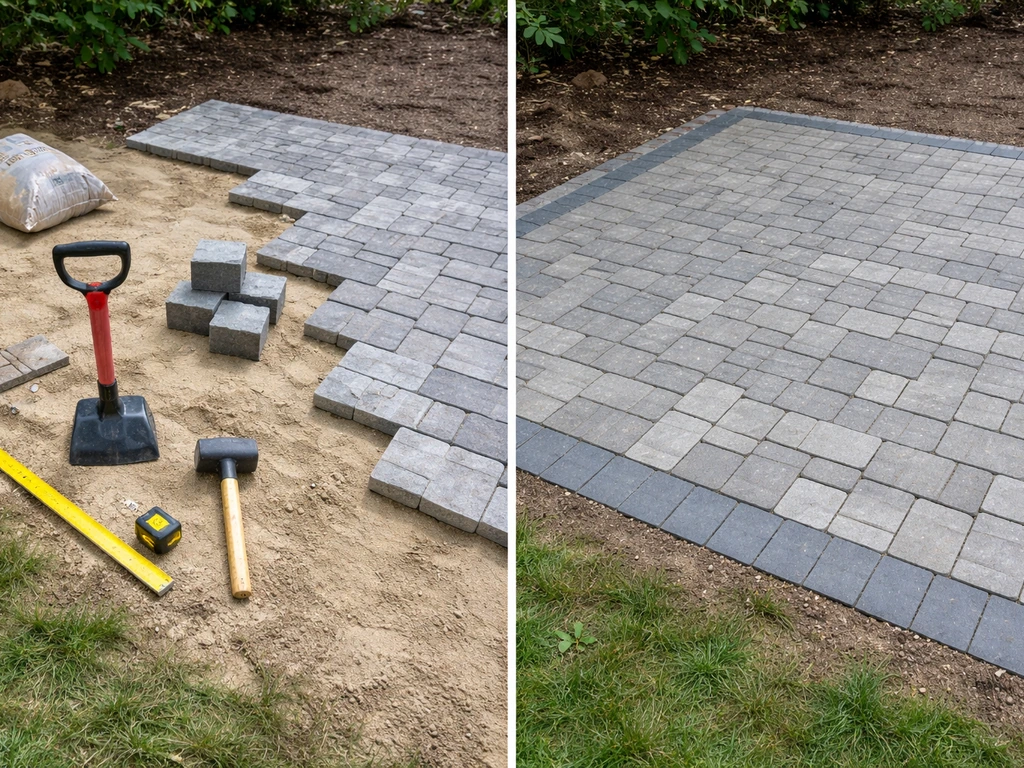 Split image showing DIY paver tools and materials on one side versus a finished installed patio on the other.
