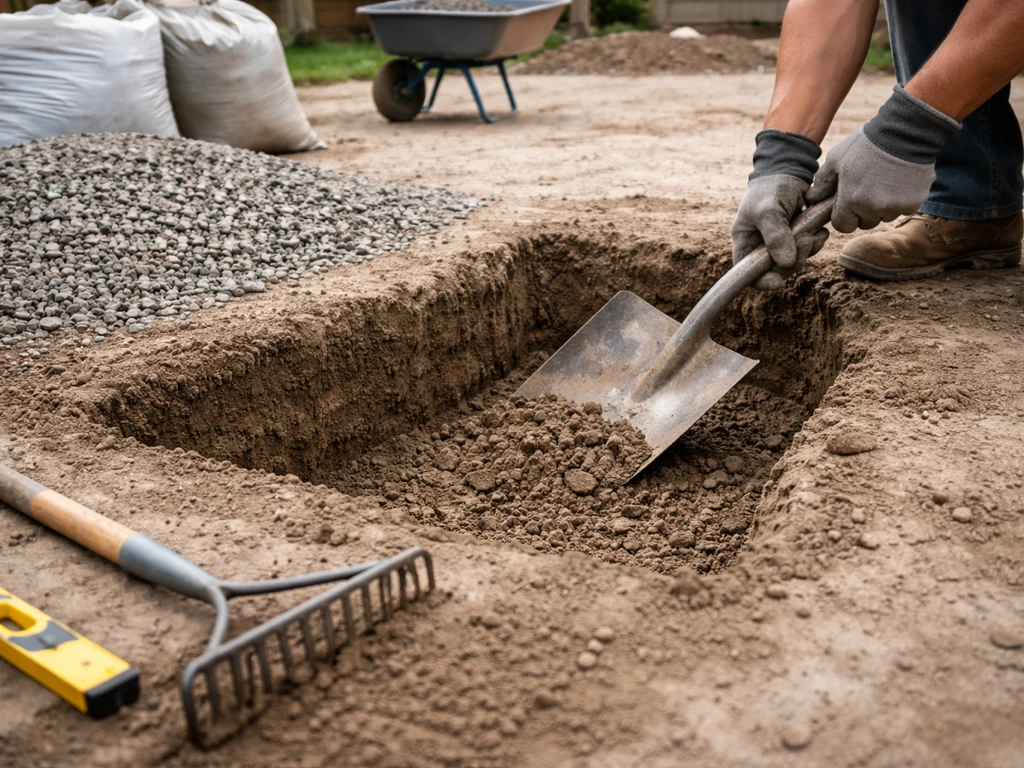 Worker digging a patio area to depth, then placing and leveling compacted gravel base