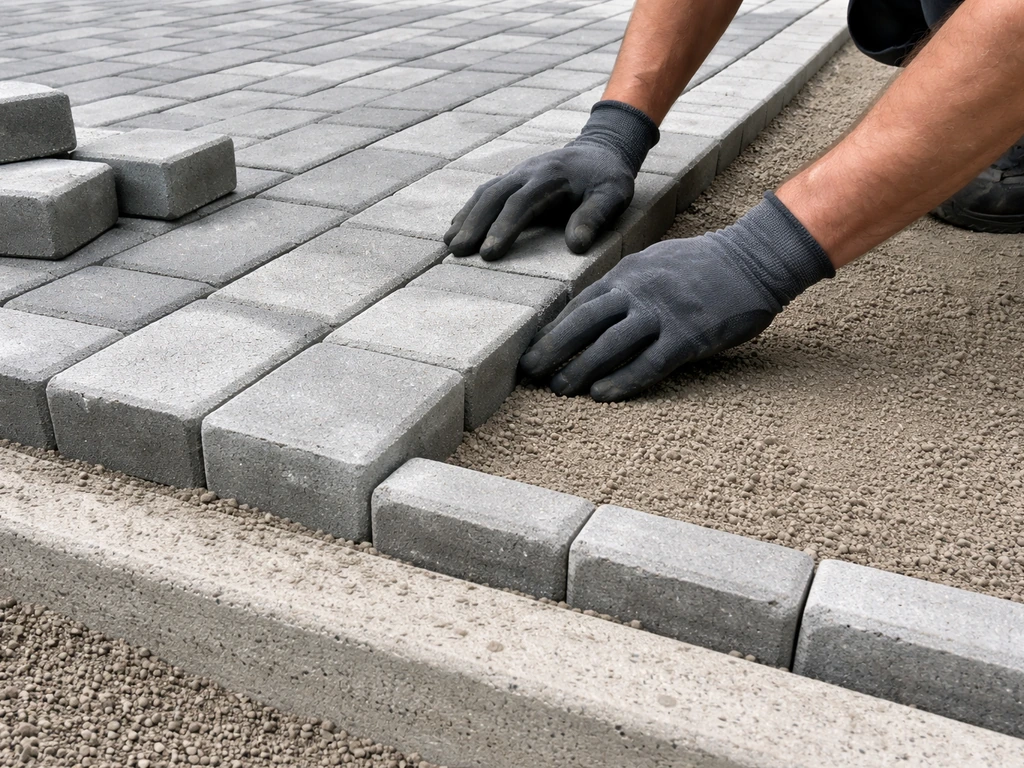 Worker hands align concrete pavers at a curb edge during installation, showing surface material labor.