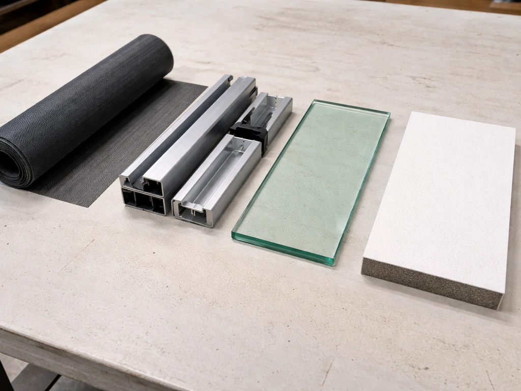 Four enclosure material samples—screen mesh, frame members, tempered glass, and a composite panel—laid side-by-side.