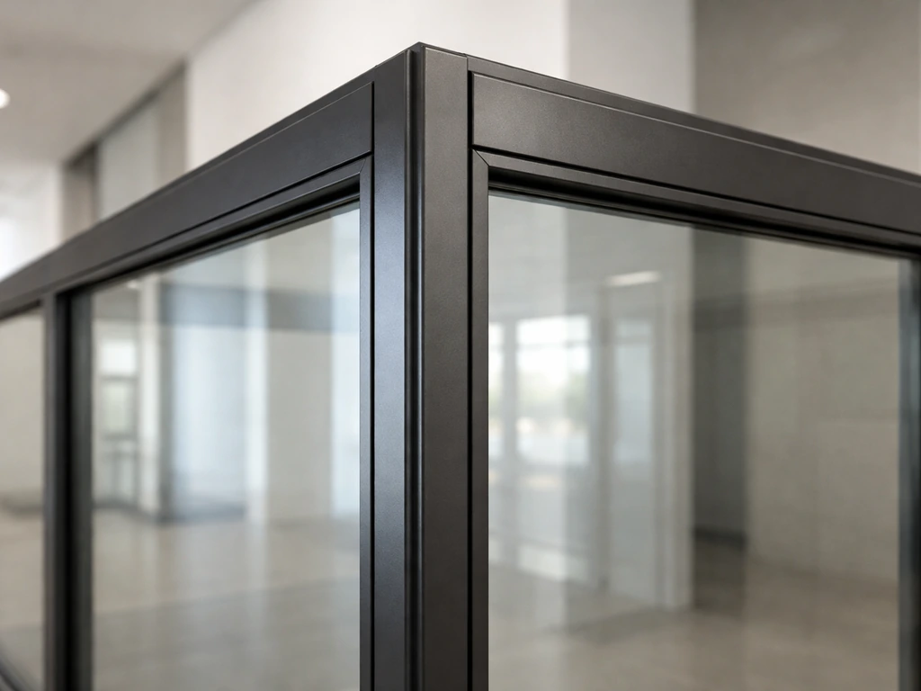 Close view of a glass wall enclosure segment with heavy metal framing and insulated-looking panels.