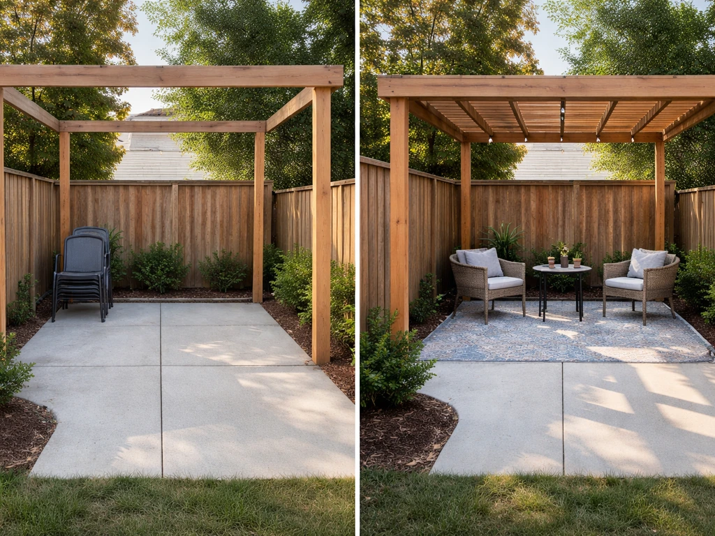 Two side-by-side small patios: one open and one covered with an existing roof casting shade.