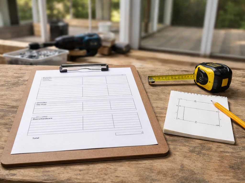 Clipboard with a contractor estimate sheet and measuring tape on a workbench, suggesting patio quote comparison.