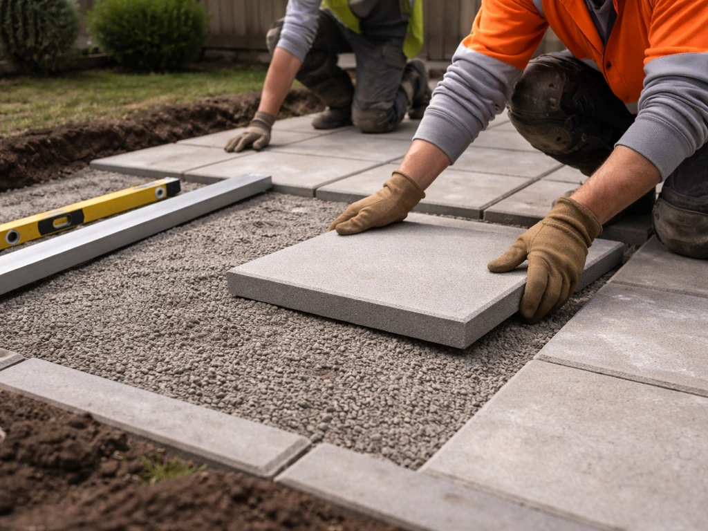 Anonymous workers placing patio paving slabs on a leveled sub-base with straight edge and level
