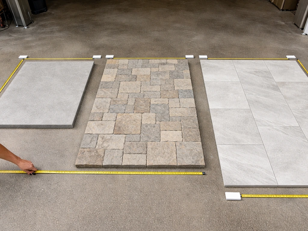 Minimal photo of three patio material samples laid out with a tape measure showing small, medium, large areas.