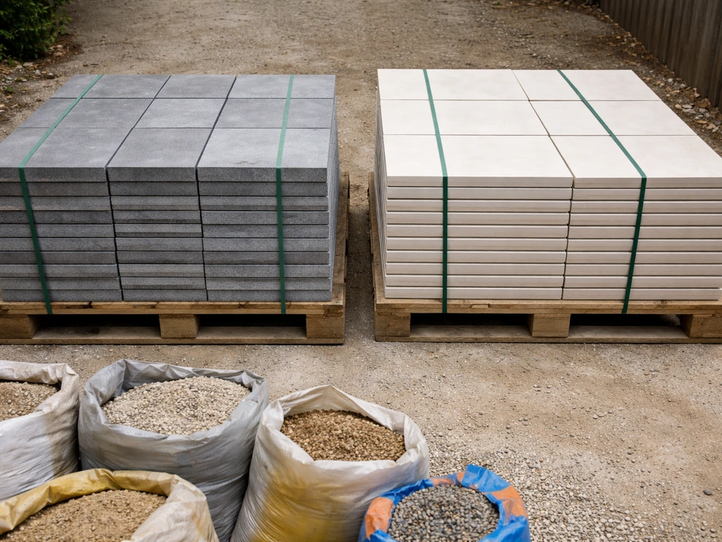 Close-up of stacked concrete and porcelain paving slabs with bedding/sub-base bags beside them.
