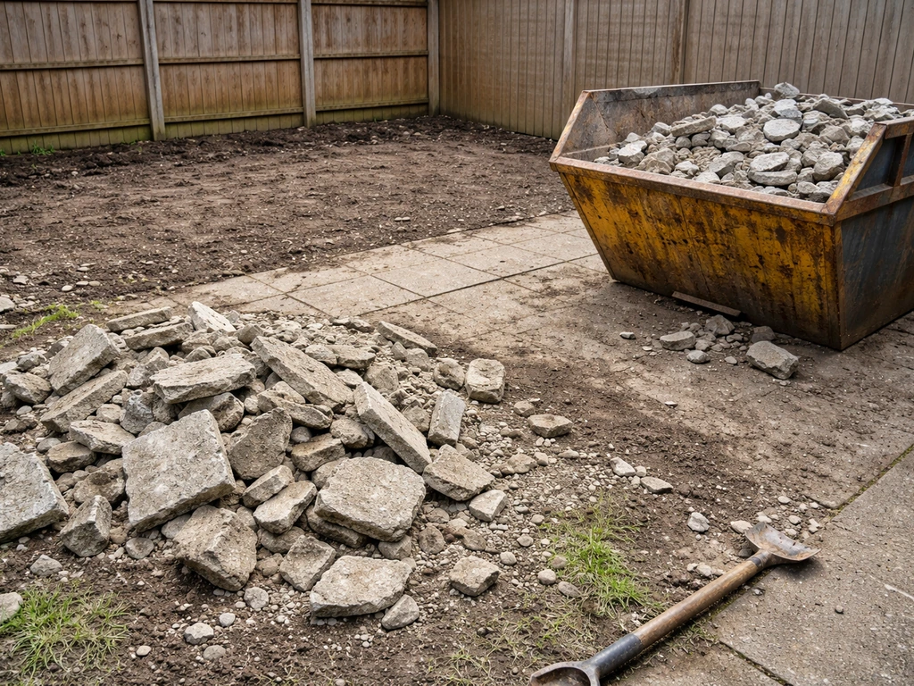 Broken patio rubble and paving stones with a nearby metal waste skip in a quiet backyard