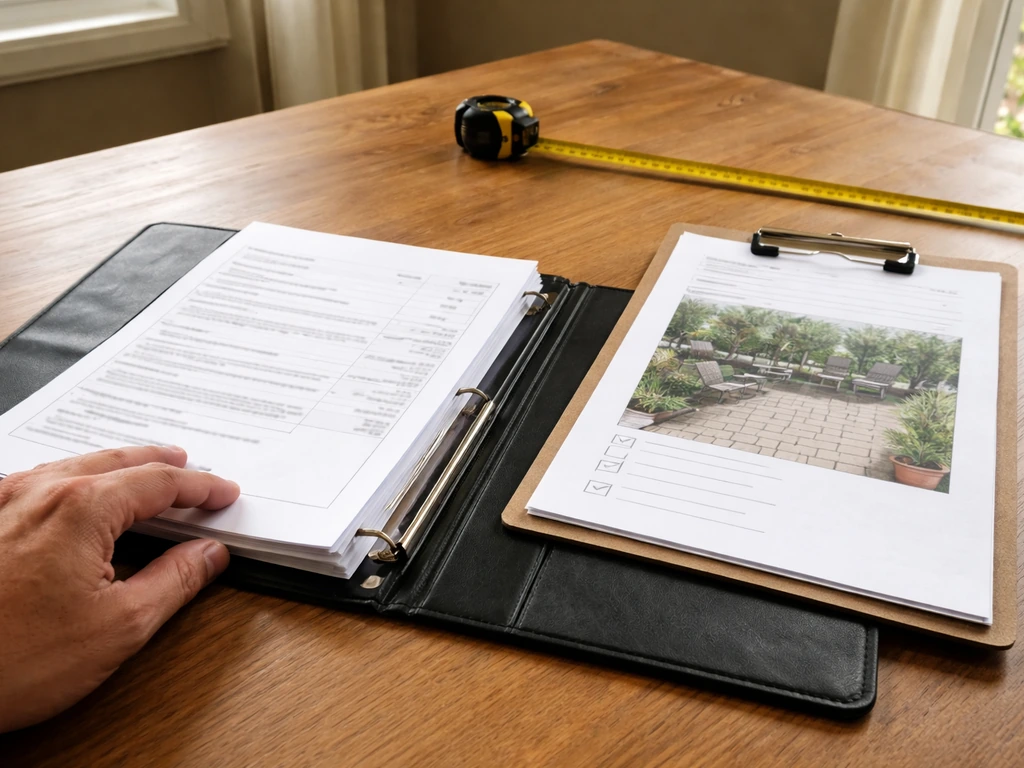 Hands reviewing patio quote papers beside a measuring tape and a clipboard with a simple patio sketch.