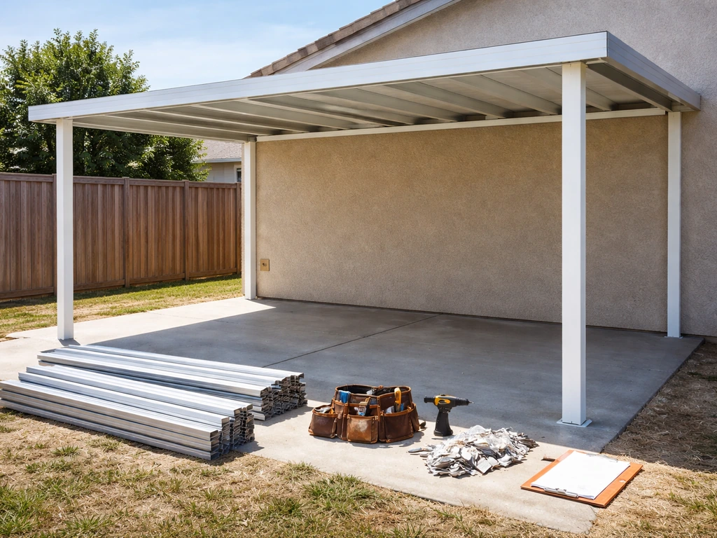 Mid-install attached patio cover in a backyard with materials, tools, and site items laid out separately.