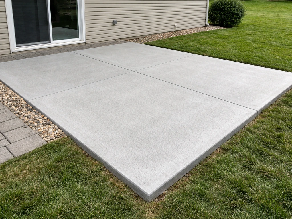 Newly poured concrete patio with clean troweled surface and clear rectangular 20x10 layout in a backyard.
