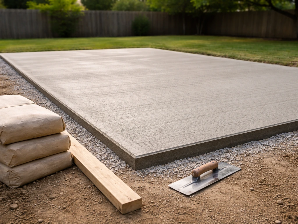 Close-up of a broom-finished concrete slab outdoors with materials laid out for a patio cost breakdown.