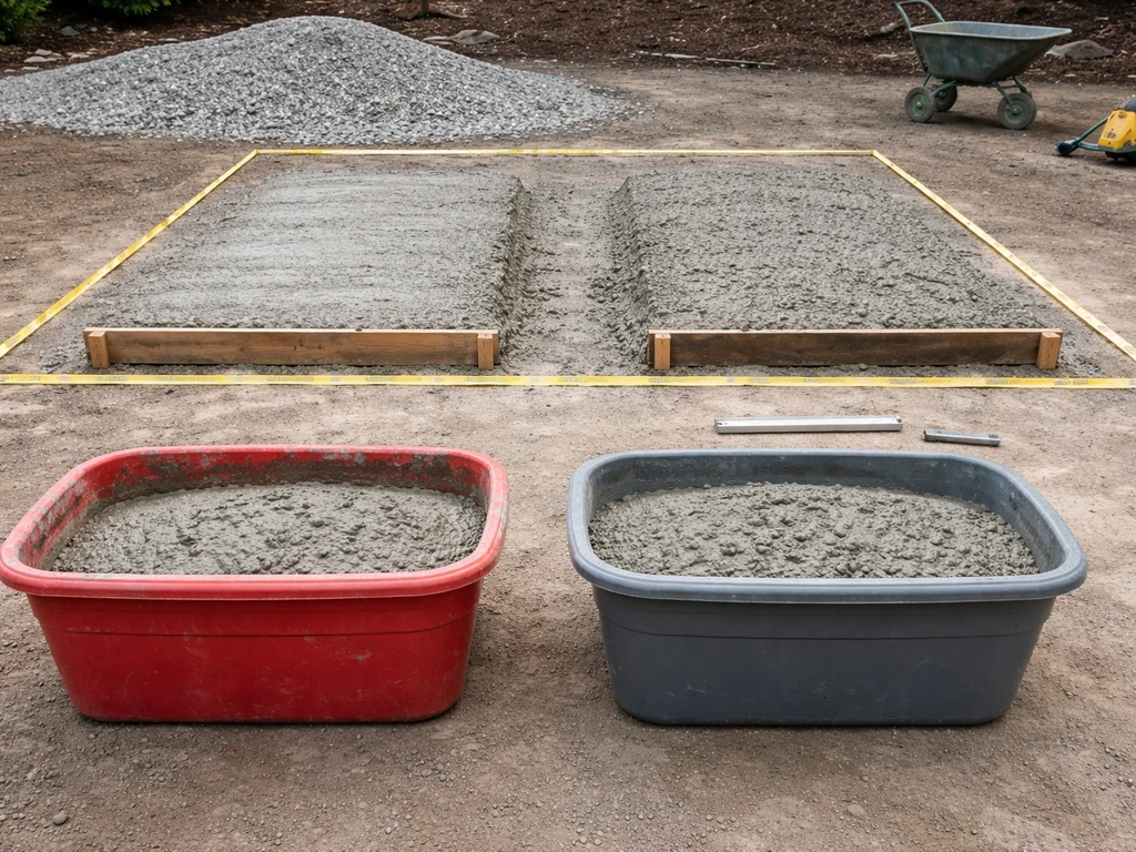 Two concrete mix mounds showing 4-inch vs 6-inch thickness beside generic yardage tubs and measuring tools.