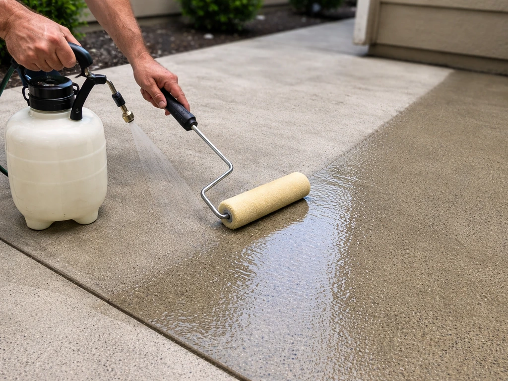 Hands roll clear sealer onto a concrete patio, showing glossy wet sheen beside dry matte concrete