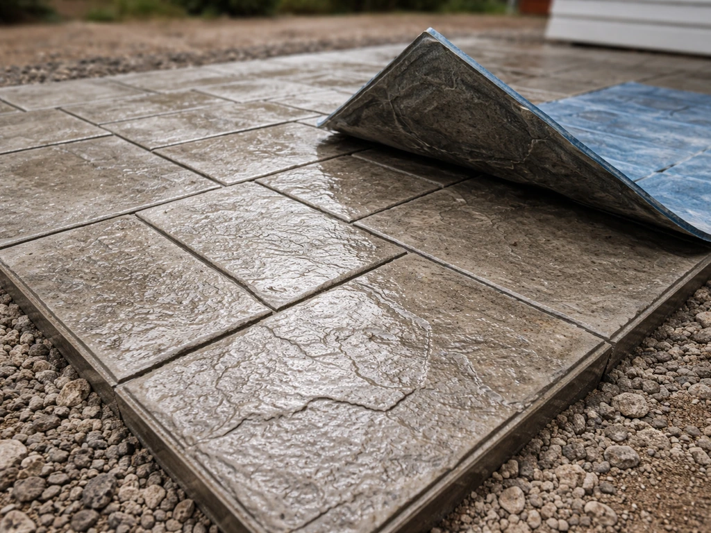 Fresh stamped concrete patio surface showing crisp slate-like mold pattern texture.