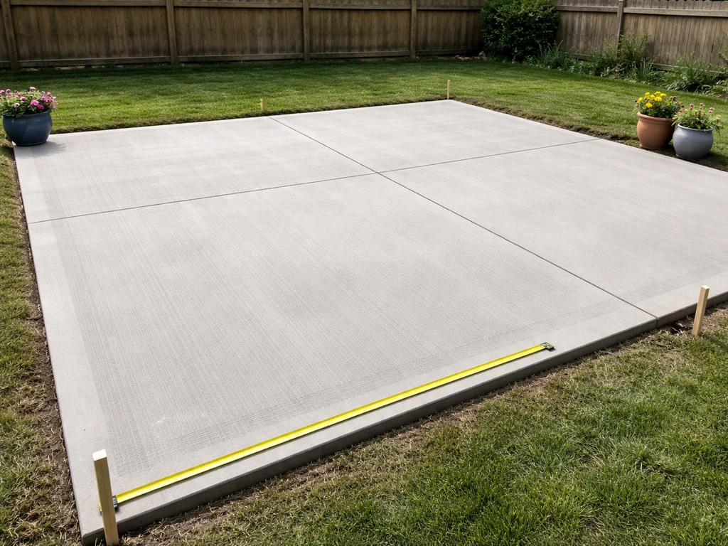 Finished concrete patio with neat edging and a tape measure to suggest a 20x20 layout