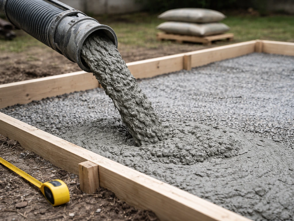 Ready-mix concrete truck hose pouring into a 4-inch patio base formwork, showing cubic-yard context