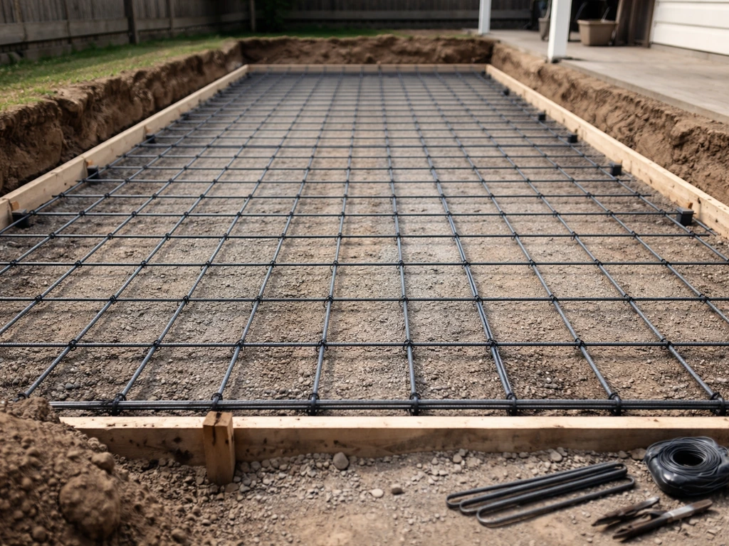 Rebar grid on plastic spacers inside a residential patio form before concrete pour.