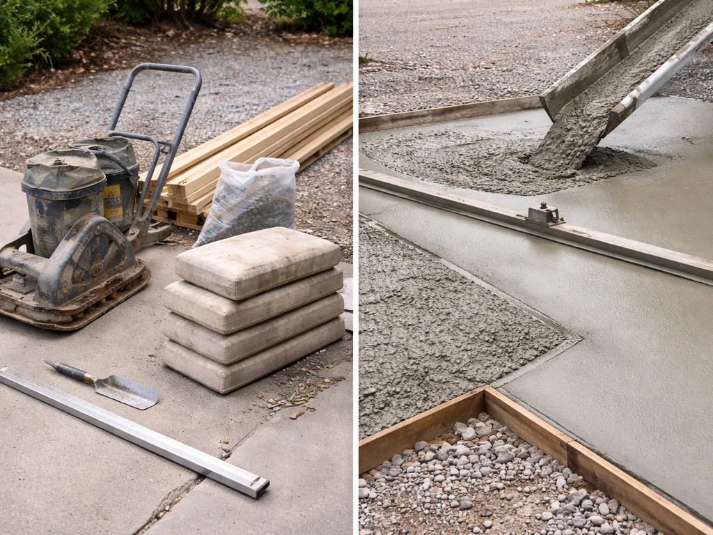 Split image comparing DIY concrete tools and materials versus a pro concrete pour finishing workflow.