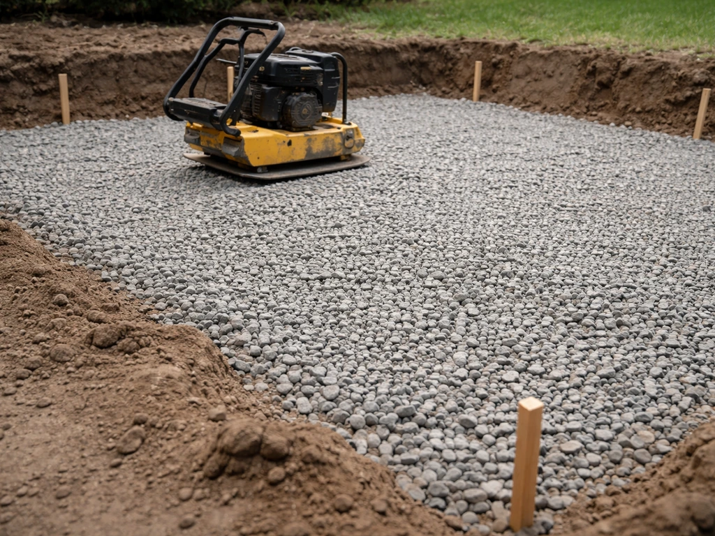 Close-up of a leveled gravel patio base with a plate compactor and drainage stakes before pavers.