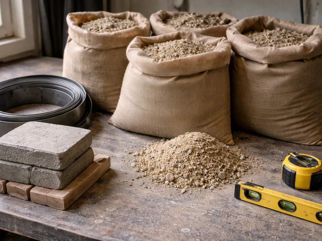Close-up of bags of crushed gravel and bedding sand with metal edging and leveling tools laid out for budgeting.
