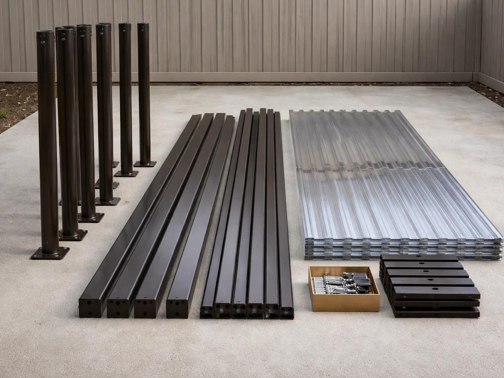 Powder-coated patio posts and beam/roof components laid out clearly on a driveway.