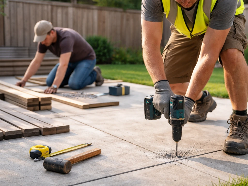 A contractor drilling patio post holes while a person handles nearby preparation tools on a clean backyard slab