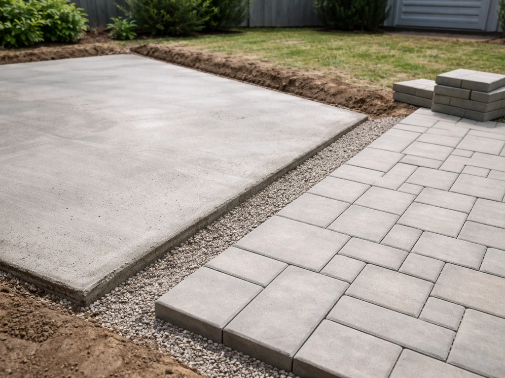 Side-by-side view of an exposed concrete slab and a section of installed pavers for an outdoor patio.
