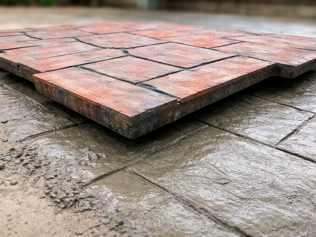 Close-up of a textured stamp pressing into freshly poured concrete, showing embossed pattern and wet sheen.