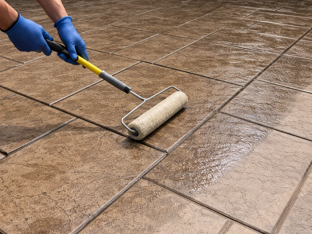 Gloved hands roll clear sealer on newly stamped concrete, with wet sealed sheen beside dry matte area.