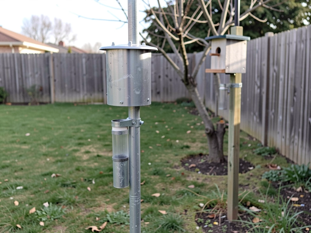 Freestanding pole birdhouse with predator baffle beside an alternative fence-post mount example.