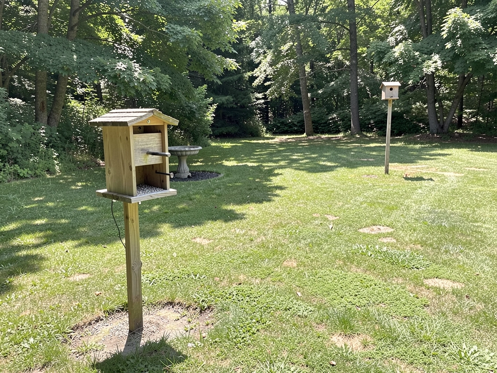 Birdhouse mounted well away from a feeder and birdbath with clean area around it.