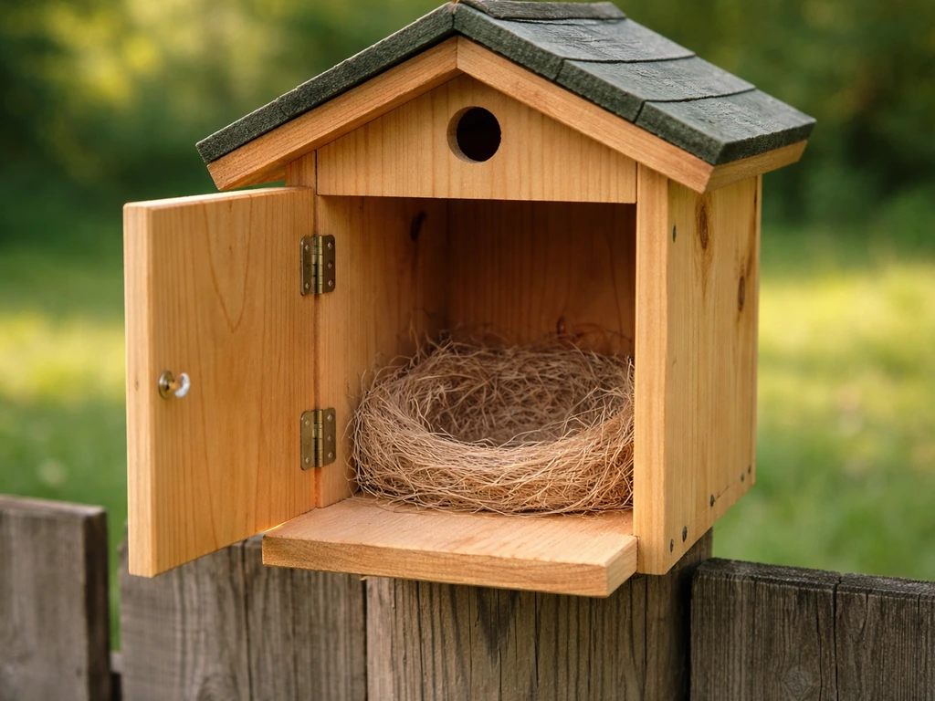 Mounted birdhouse with open door showing a lined, clean nesting interior