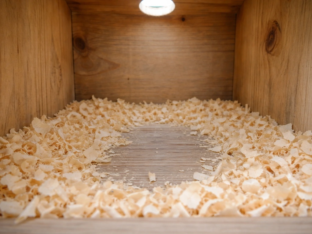 Close-up inside a bird house with a shallow layer of untreated wood shavings and a clean floor.
