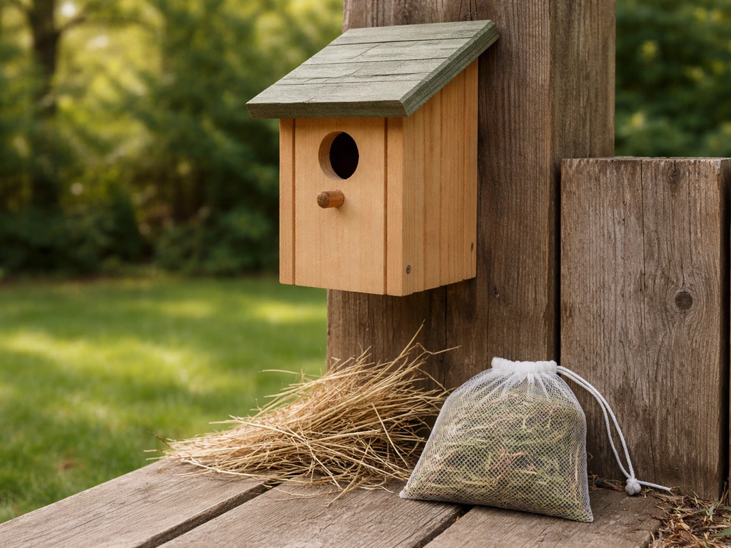 Dry grass and short straw pieces in a small mesh bag placed beside a mounted bird box on a fence.