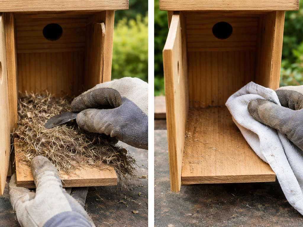 Gloved hands cleaning the inside of an empty wooden bird box before nesting season.