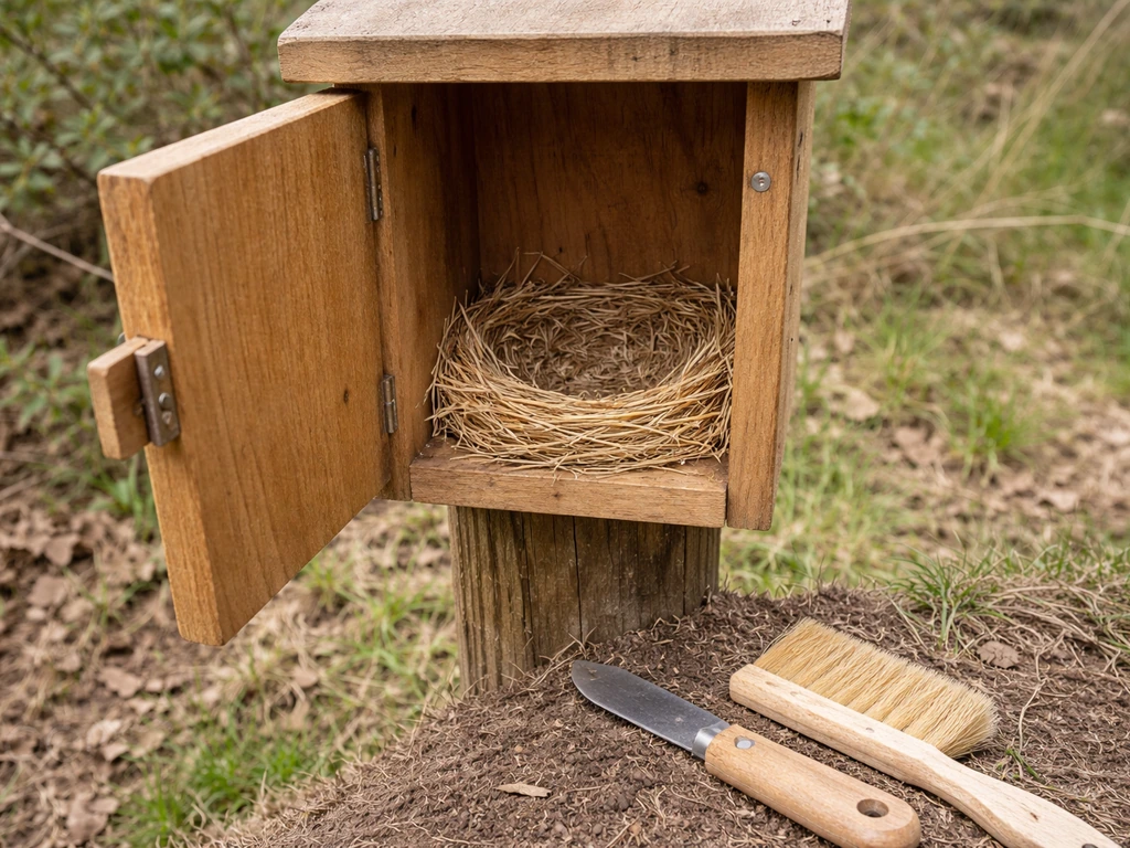 Open nesting box with an empty, clean, dry nesting cup and tools nearby.