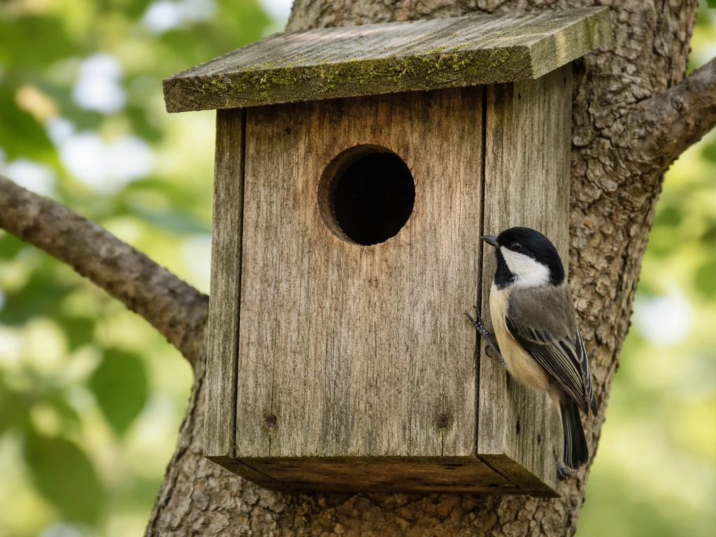 Cavity birdhouse entry hole on a branch with a small bird clinging nearby, suggesting direct entry without a perch.
