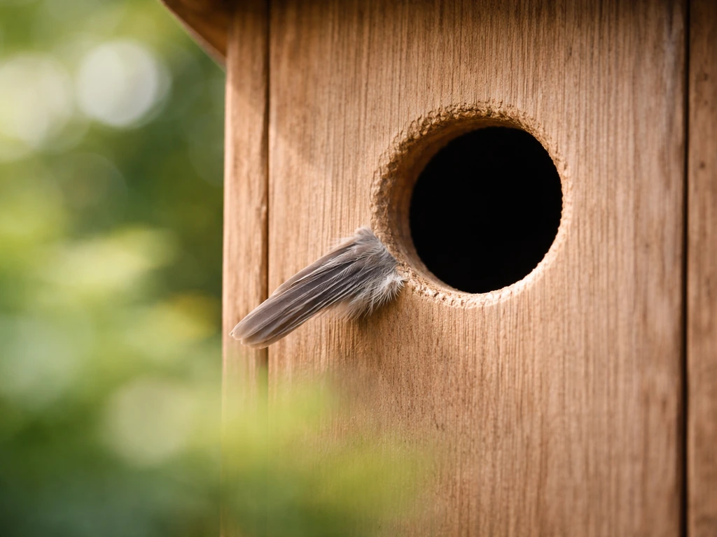 Close-up of a wooden birdhouse entrance with no perch, a small bird approaching directly to enter.