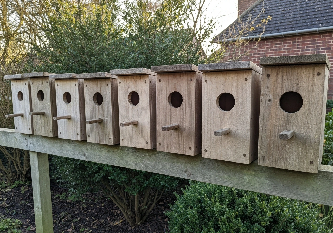 Backyard cavity nest boxes in a row with different entrance hole sizes, no text or labels.