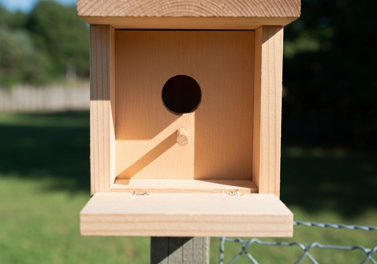 Open commercial birdhouse inspected up close, showing entrance hole size and no exterior perch rod.