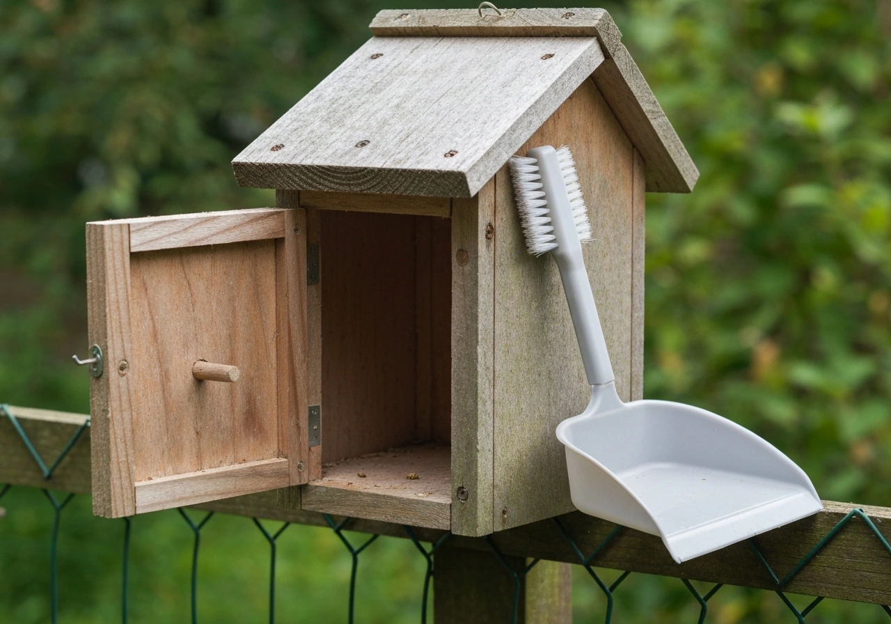 Open birdhouse on a fence with cleaning tools nearby, suggesting an end-of-season clean-out.