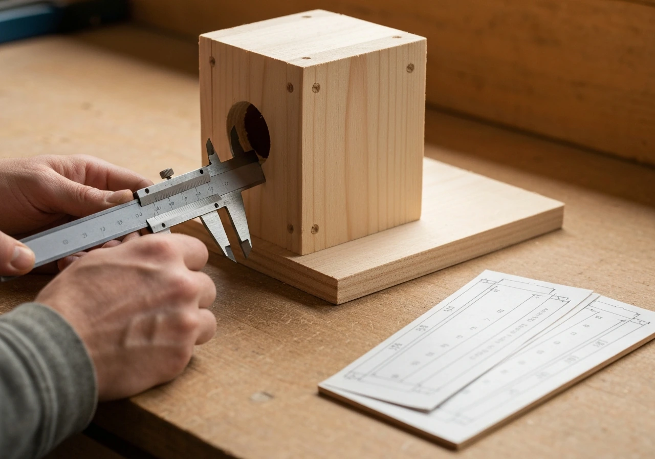 Close-up of hands measuring a birdhouse entrance hole diameter with calipers on a work surface.