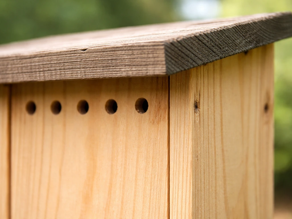 Close side view of a wooden birdhouse showing ventilation holes near the top and an overhanging drip line.